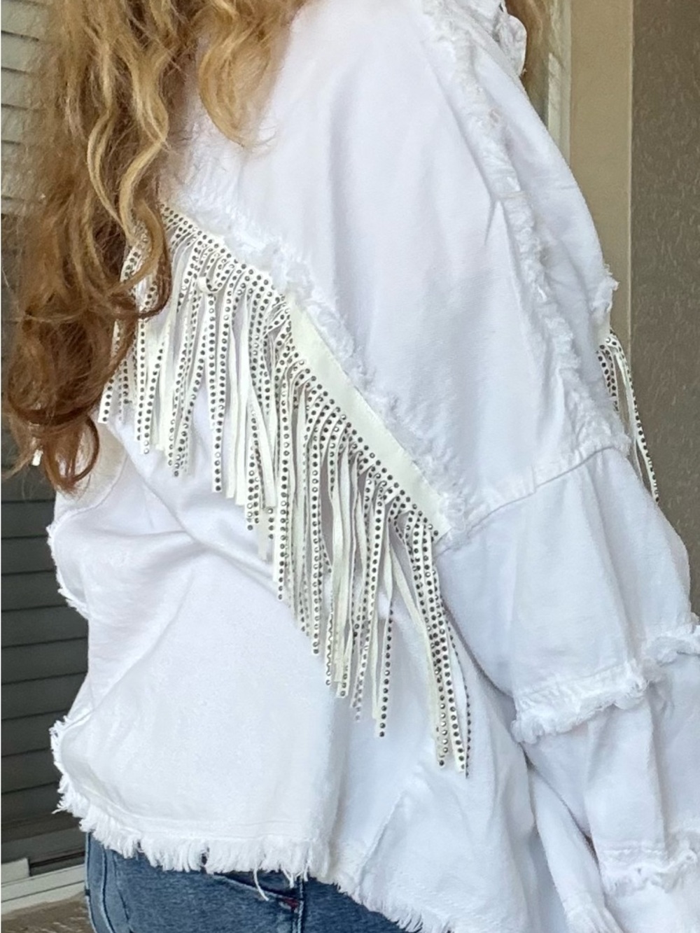 Elan White Fringe Distressed Denim Jacket